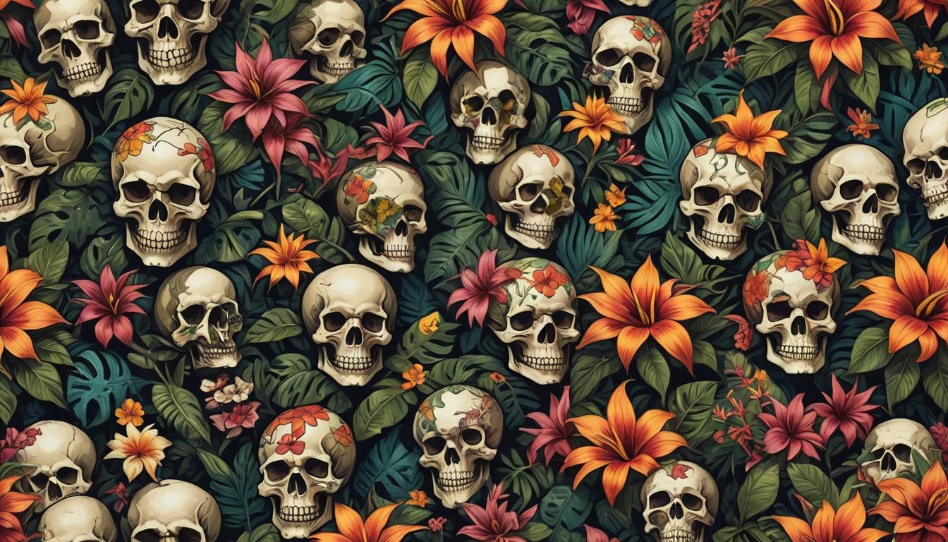 Surreal Tropical Horror Scene with Severed Polynesian Skulls