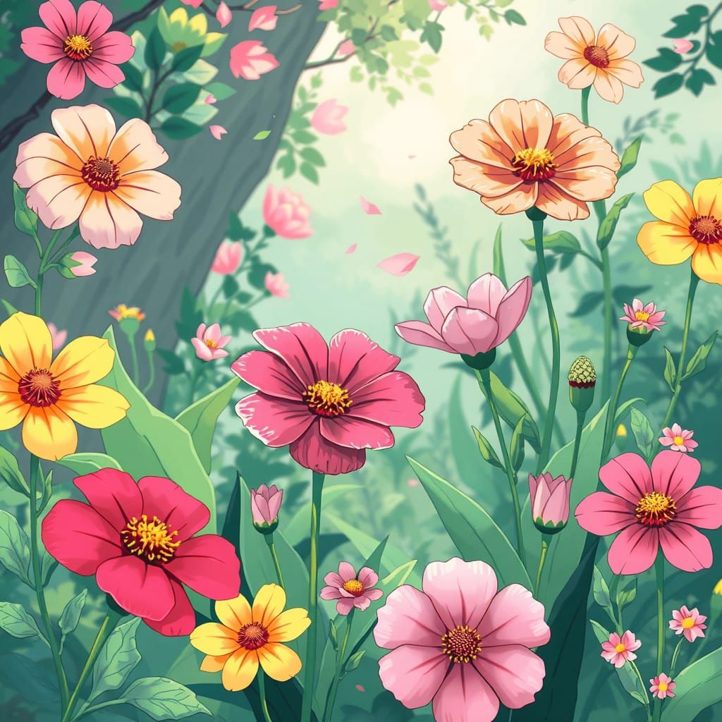 Whimsical Anime Flowers in a Lush Garden