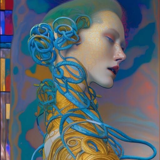 Elegant, Intricately Detailed Painting of Interwined Women i...
