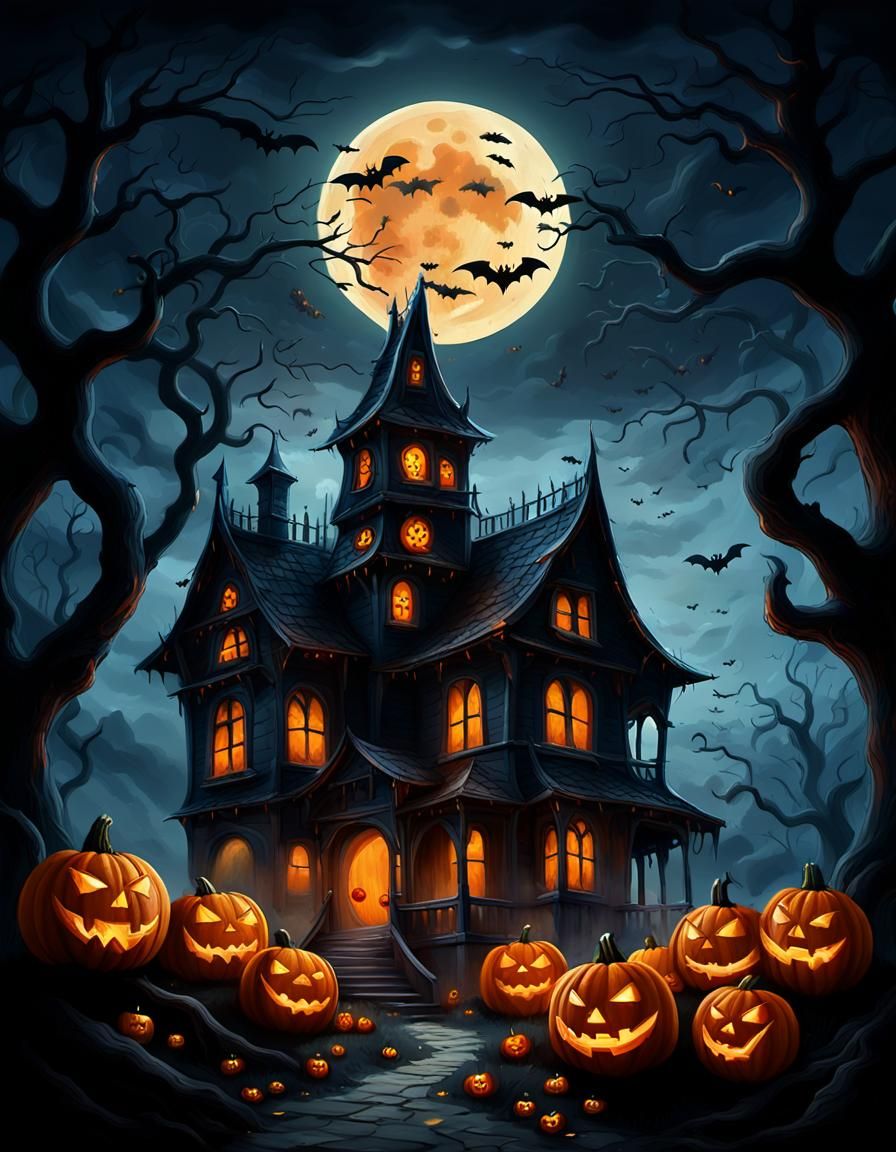 Gothic Mansion Transfixed by Glowing Jack-o'-lanterns in a H...