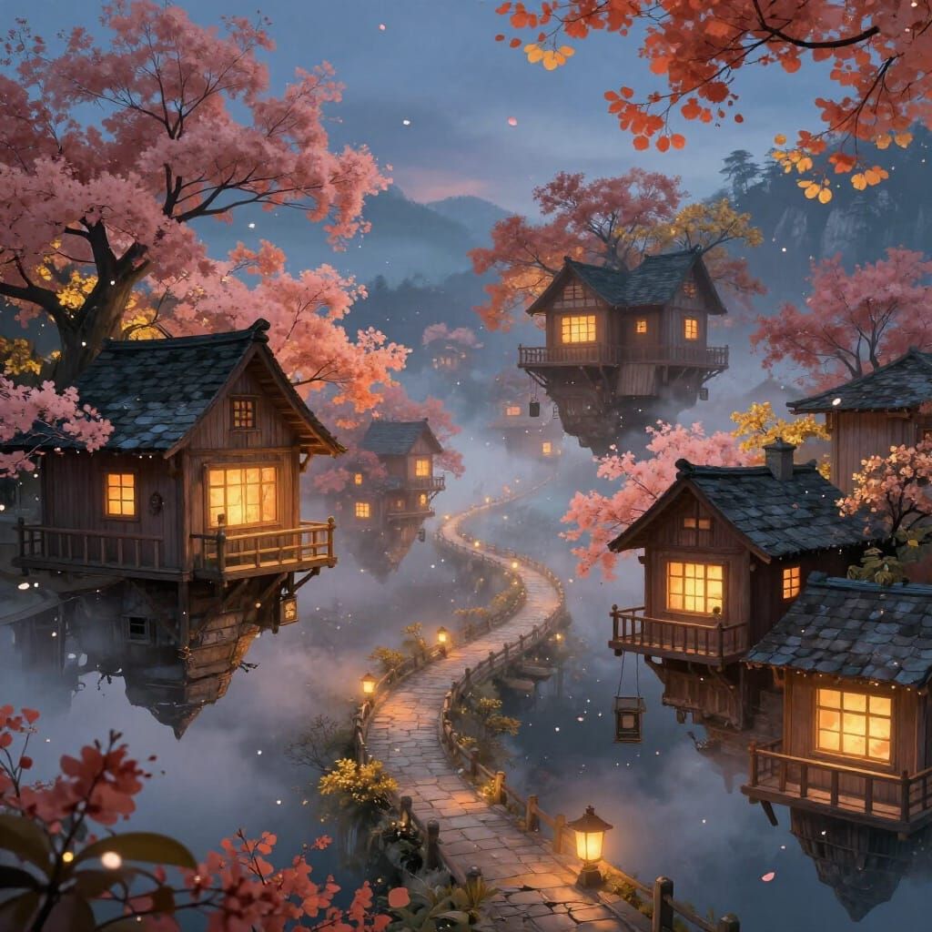 Mystical Floating Village at Twilight in Magical Realism Sty...