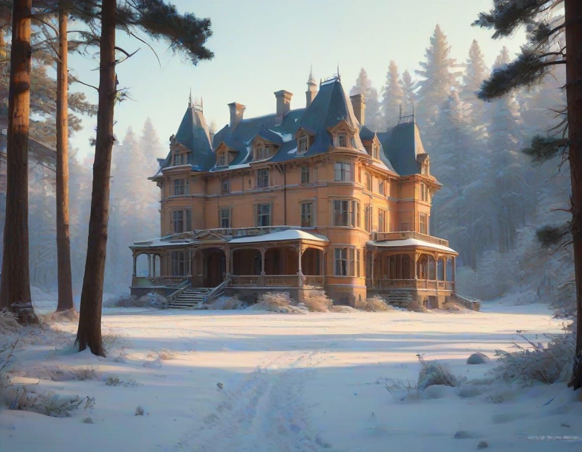 Majestic Winter Chateau in Detailed Matte Painting Style