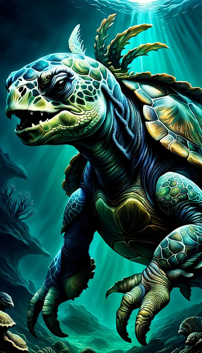 Dark Fantasy Sea Turtle-Horse Hybrid Monster Rises from the....