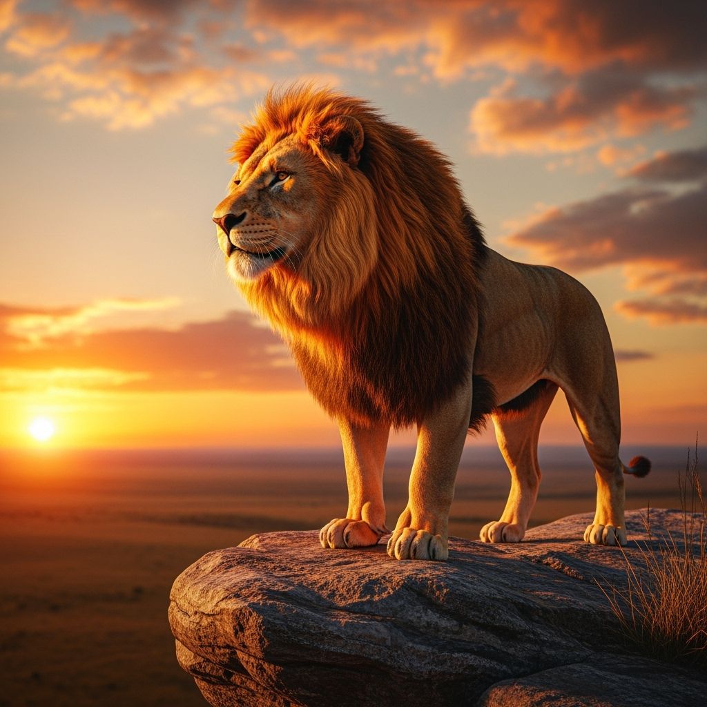 Fiery Maned Lion Overlooking Savannah: Hyperrealistic Digita...
