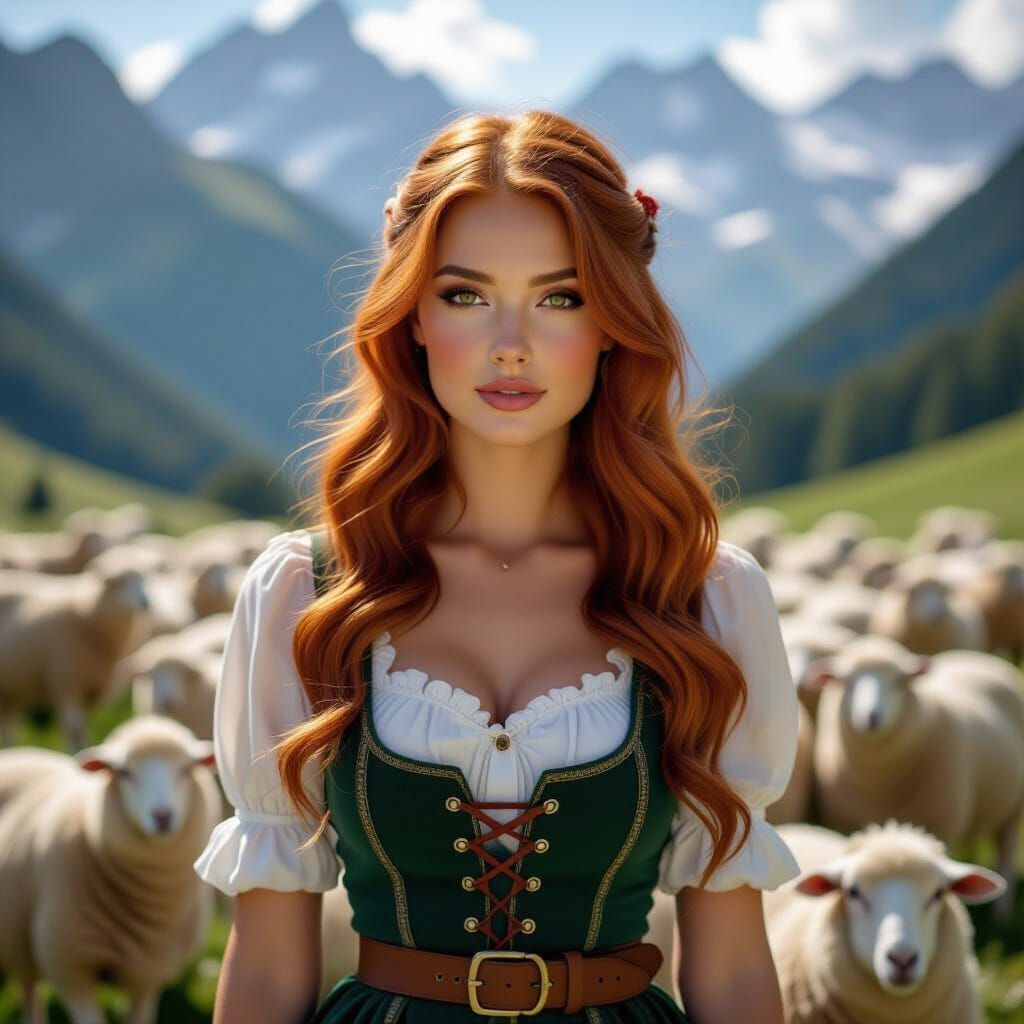 Young Ginger Shepherdess in Swiss Alps
