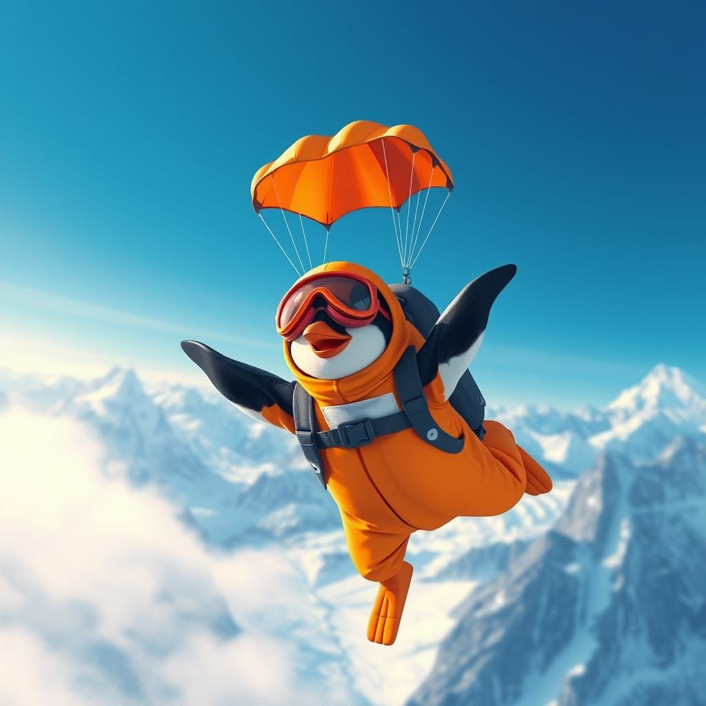 Penguin in Vibrant Orange Parachute Gear Soars Over Majestic...