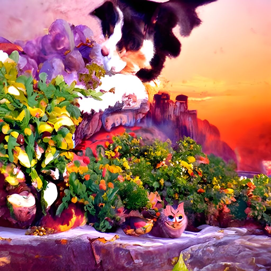 Ethereal Sunset Scene with Cat and Orange Trees on Cliff