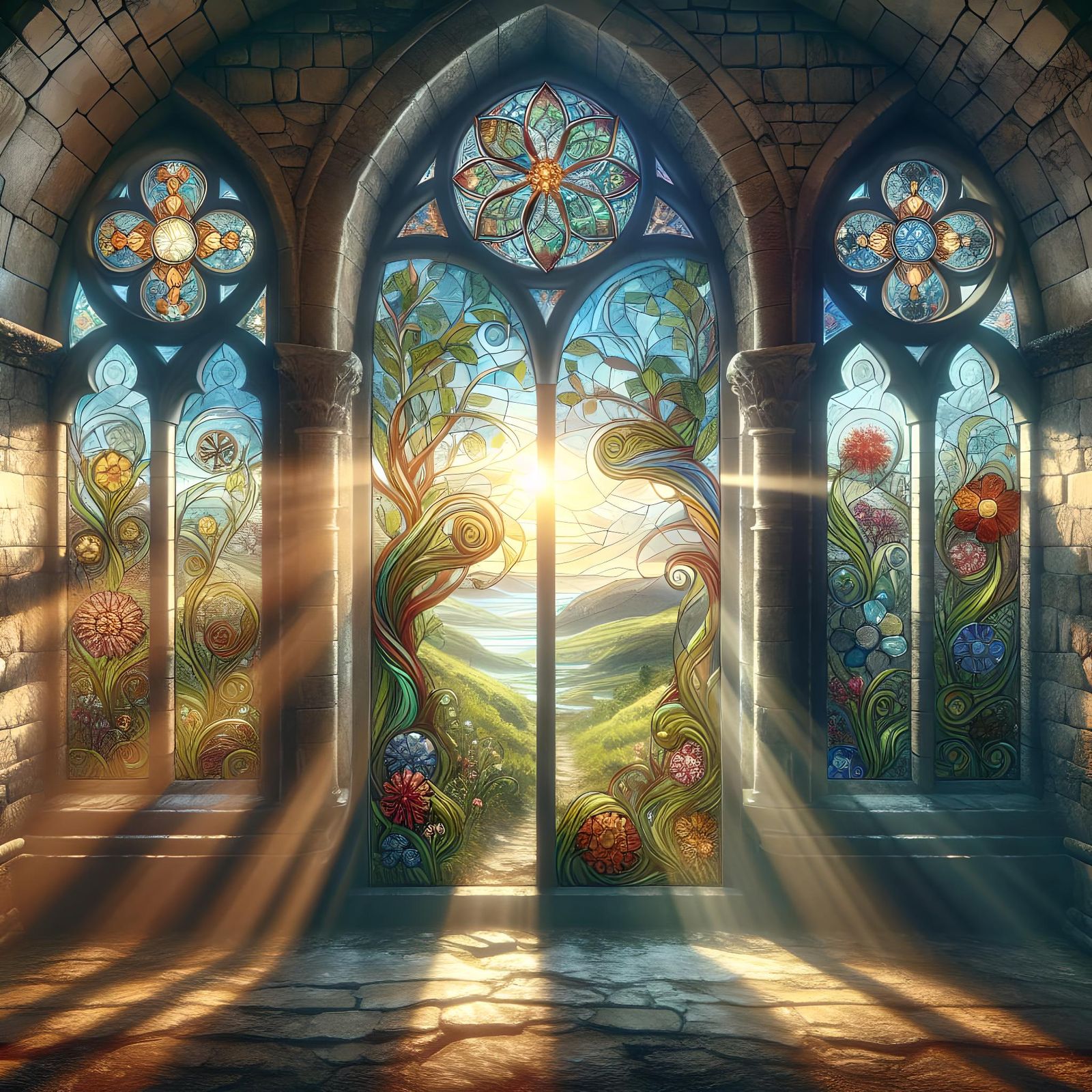 Celtic Nature Scene on Stained Glass in Ruined Stone Arches