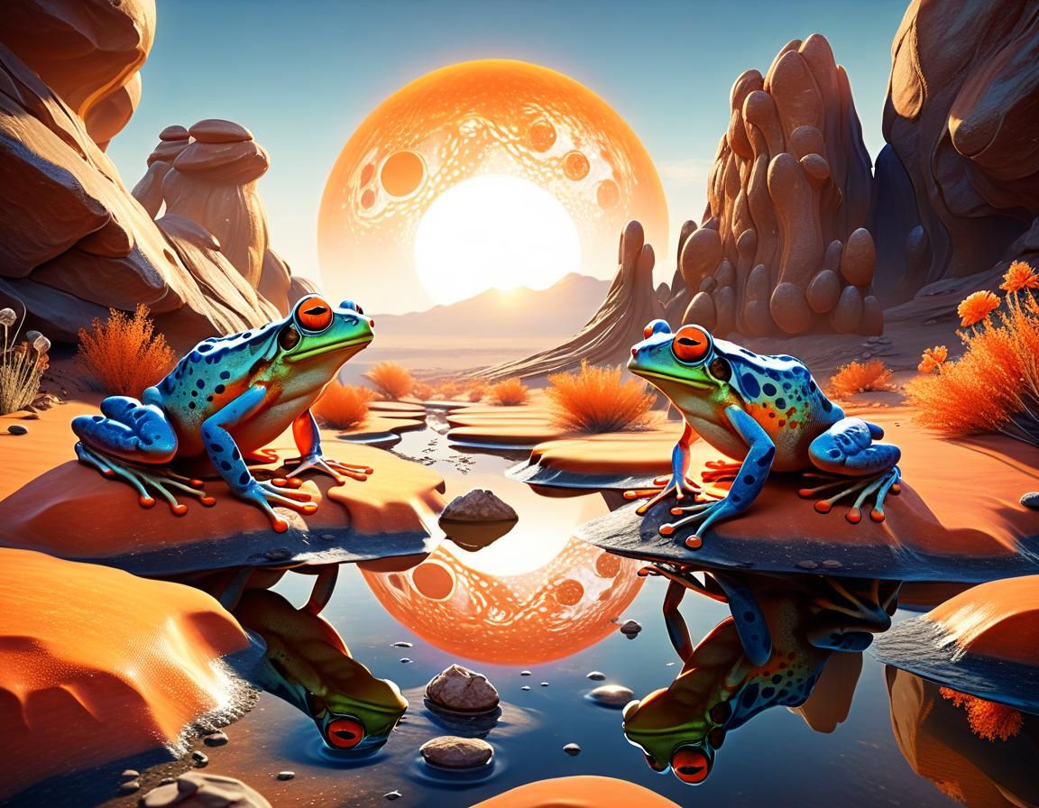 Vibrant Frogs Leap in a Dreamlike Desert Oasis