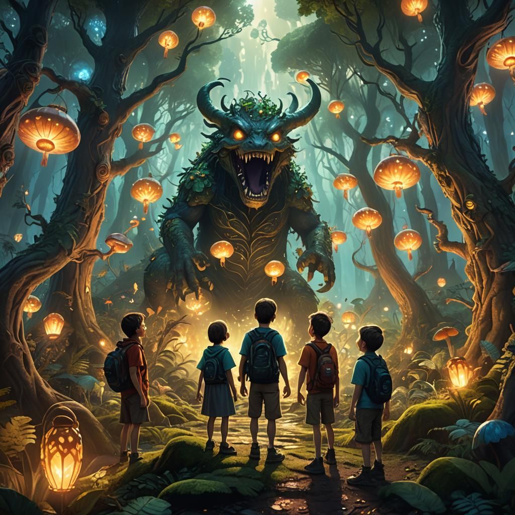 Mystical Forest Confrontation in Vibrant Fantasy Style