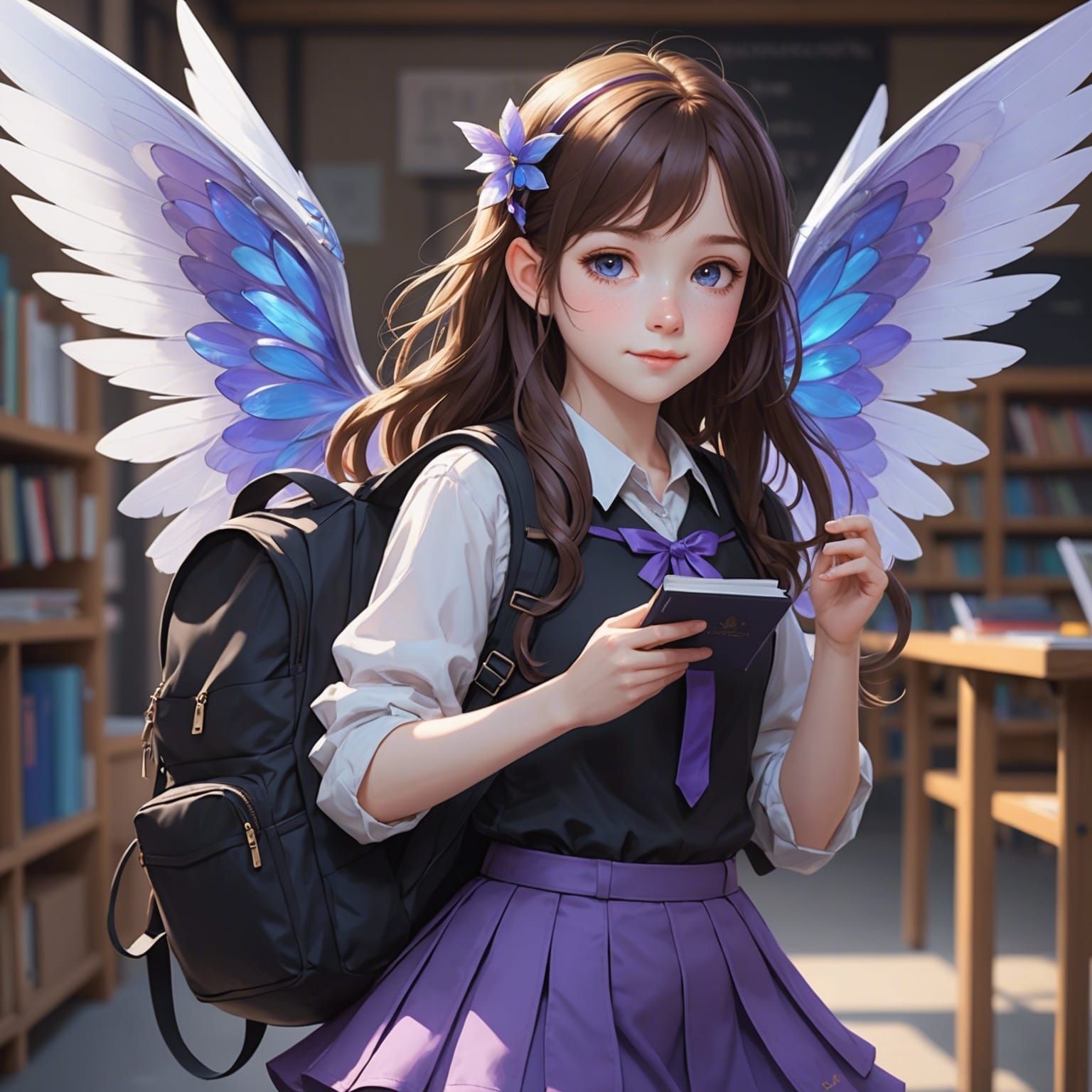 Cyberpunk Elf Fairy in School with Smiling Face