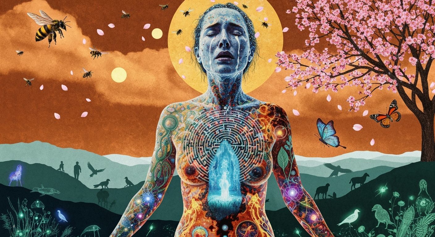 Mystical Shaman in Bioluminescent Forest Under Copper Sky