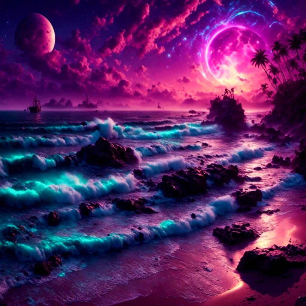 Ethereal Oceanic Dreamscape Under Lavender-Hued Night Sky