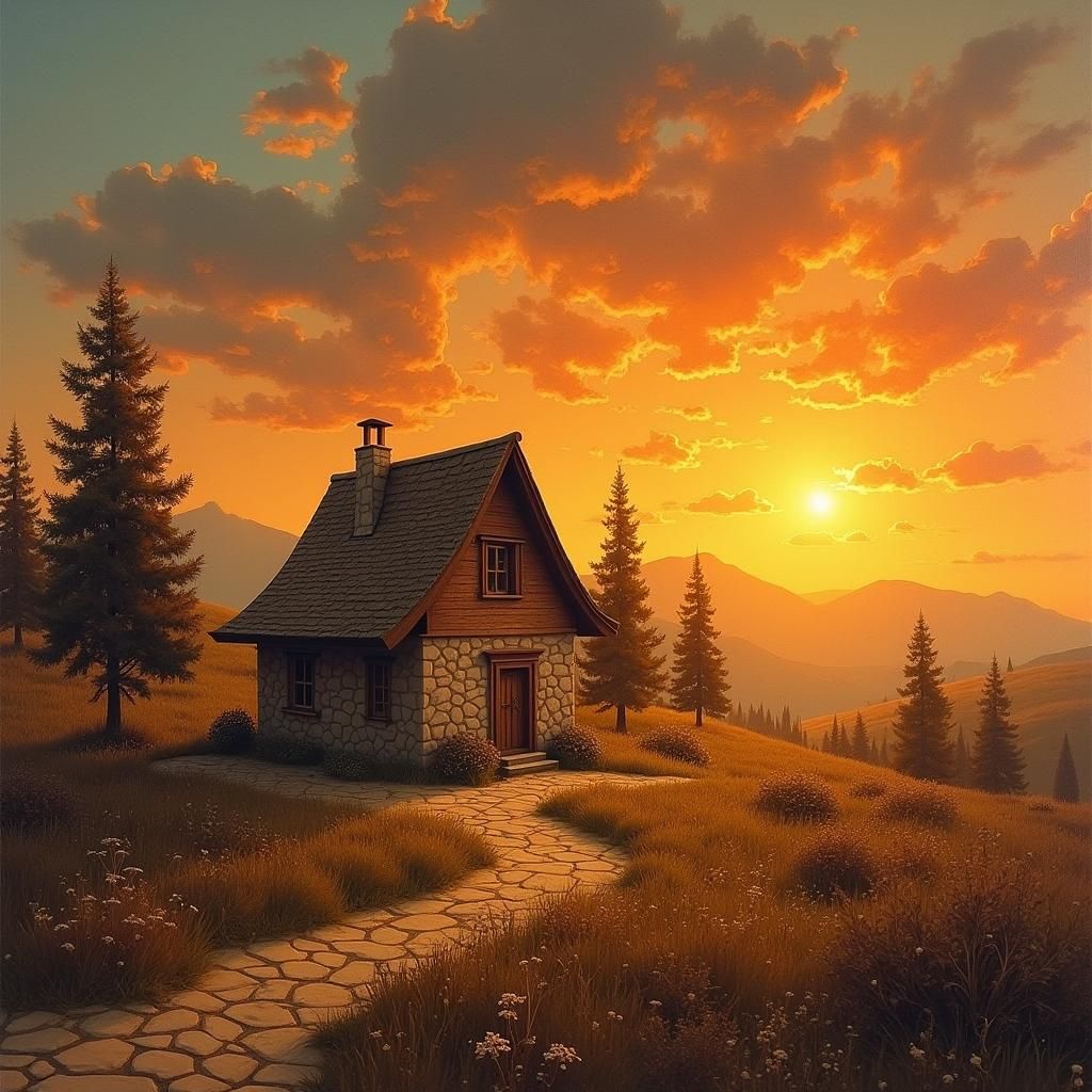 Cozy Brown Cottage Amidst a Sunset Landscape with Trees and...