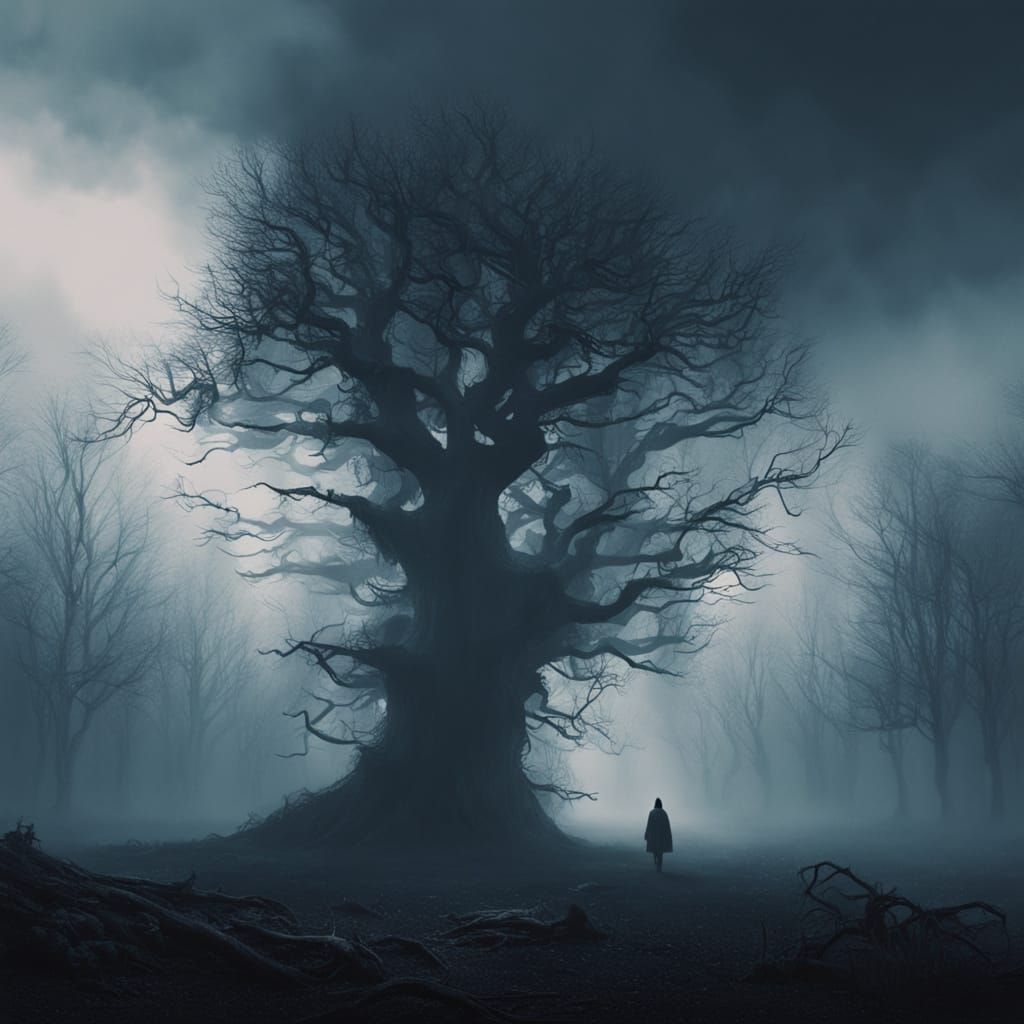 Lone Figure Emerges from the Misty Forest in Dark Fantasy St...