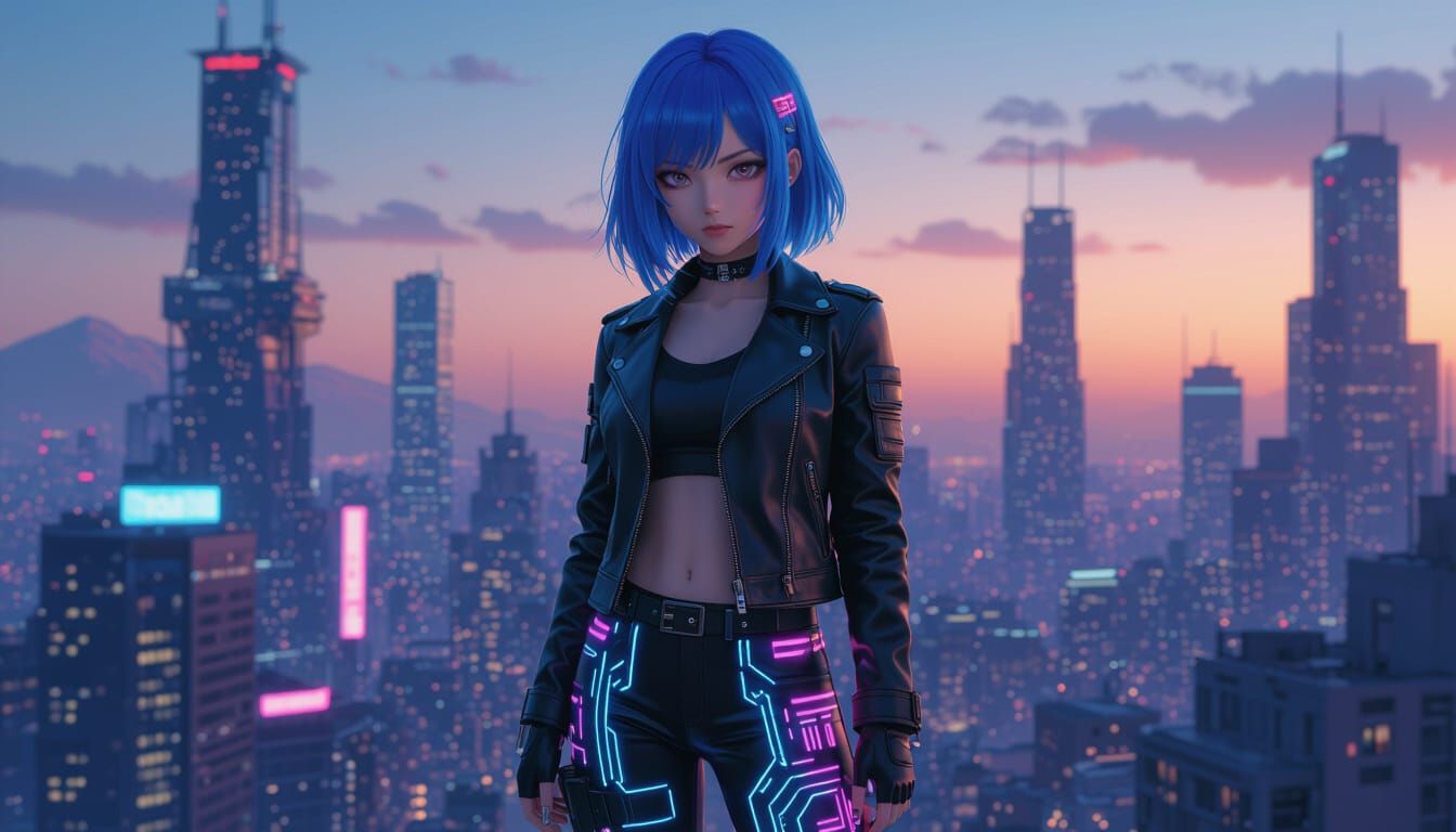 Cyberpunk Anime Girl with Blue Hair in 3D