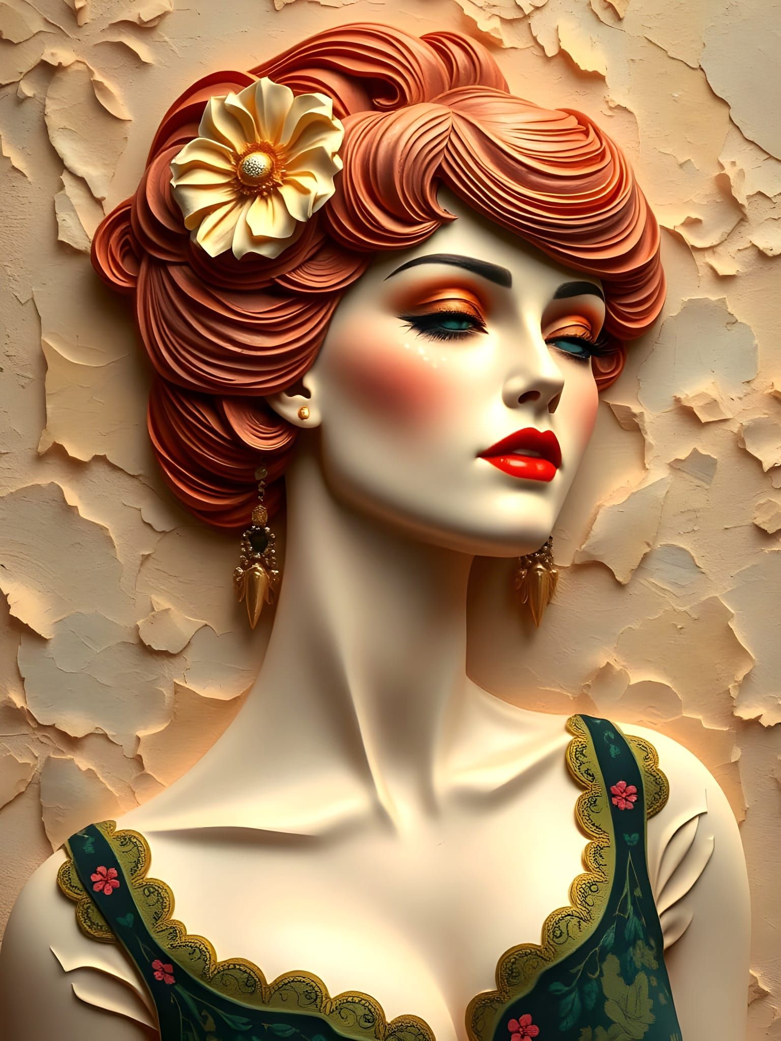 Vintage Gibson Girl in Hand-Painted Plaster Background