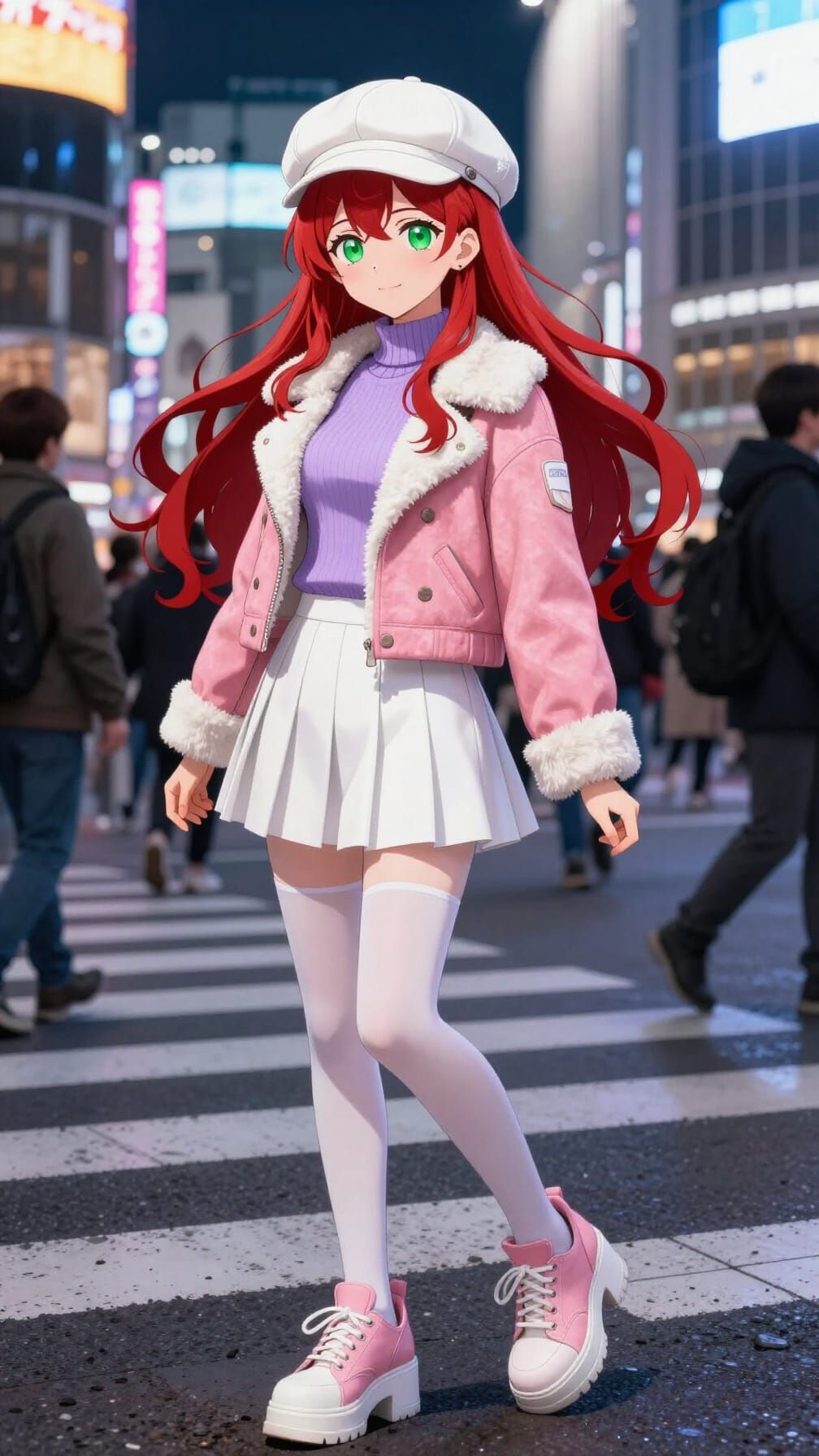 Anime Shibuya Crossing Morning Scene with Red-Haired Woman