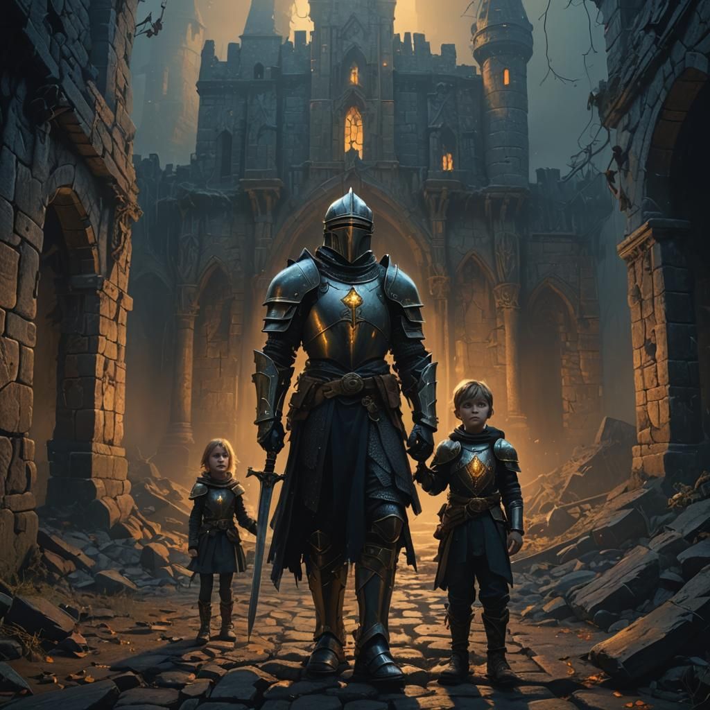 Knight Protects Children in Haunted Ruin, Dark Fantasy Art