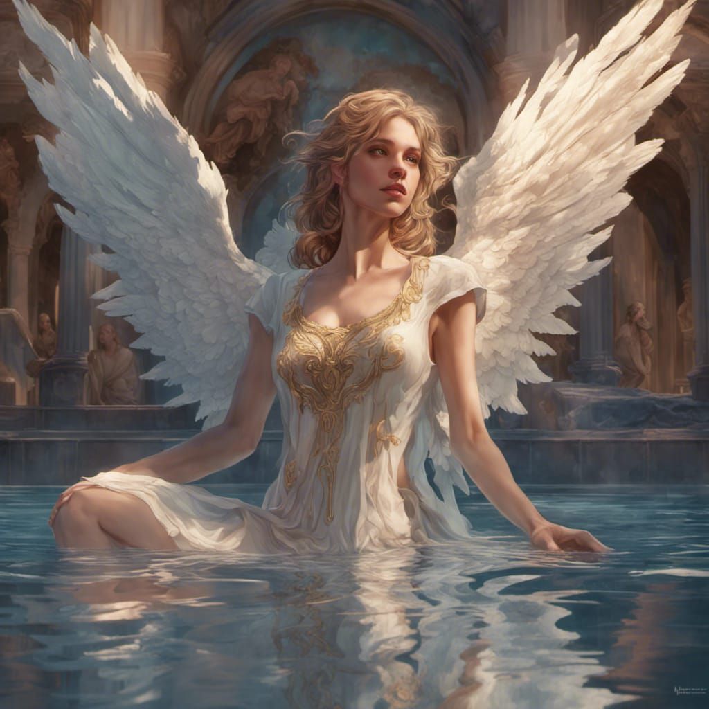Angel in Triadic Colors, Reflecting in a Pool of Water, a Co...