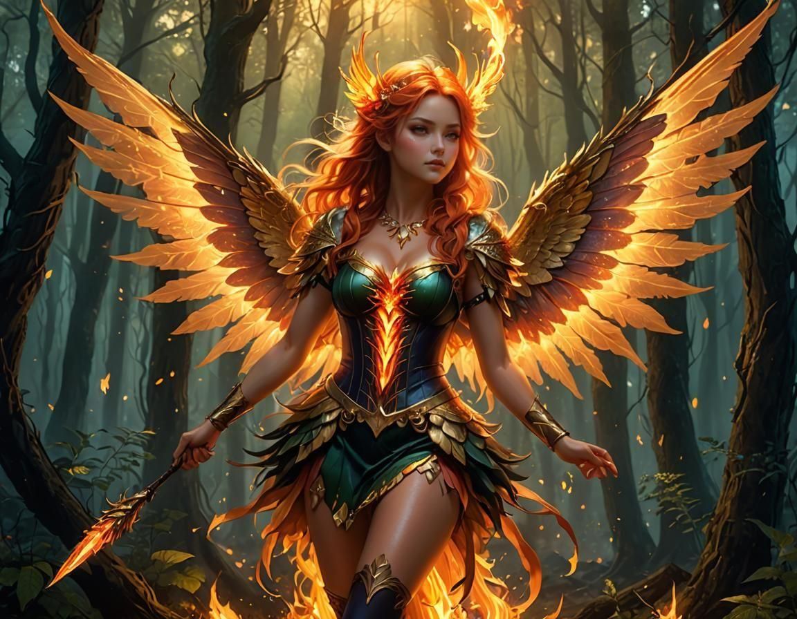 Gorgeous Fire Fairy Casting a Spell with Intricately Detaile...
