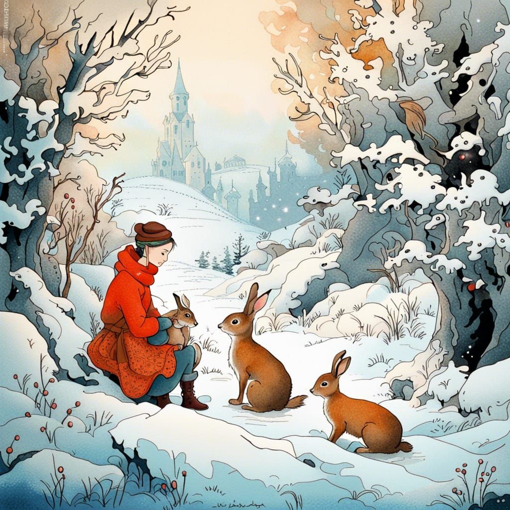 Whimsical European-Inspired Fantasy Scene in Ink