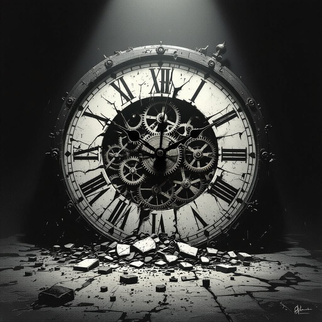 Broken Clock Face with Spilling Gears in Gothic Style