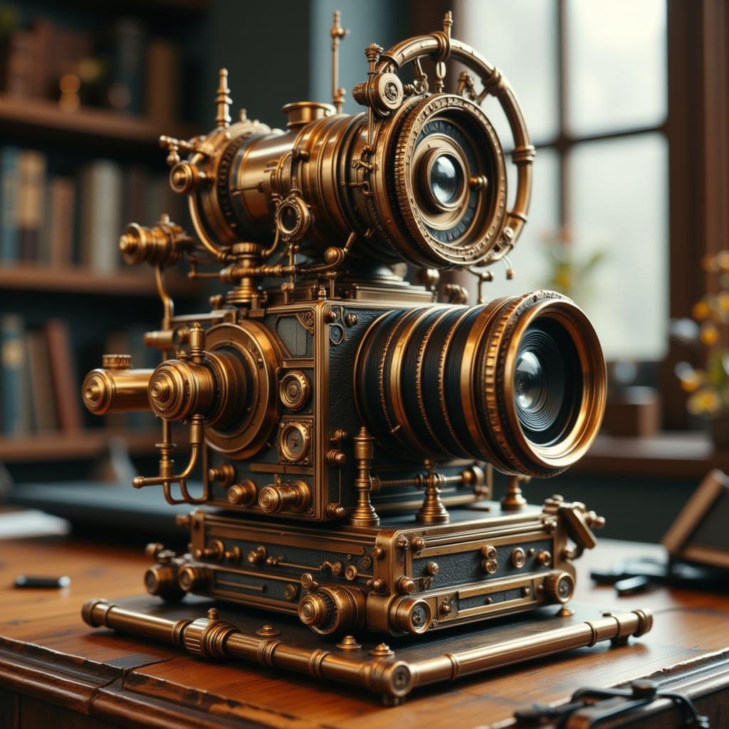 Steampunk Video Camera with Brass Gears on Desk