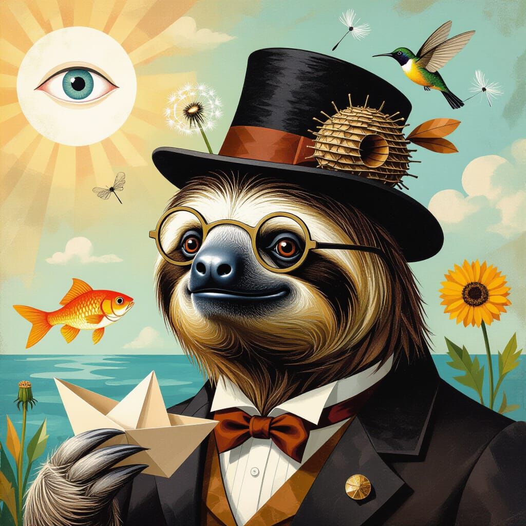 Colossal Sloth in Fall Hat with Wasp Nest and Paper Boat