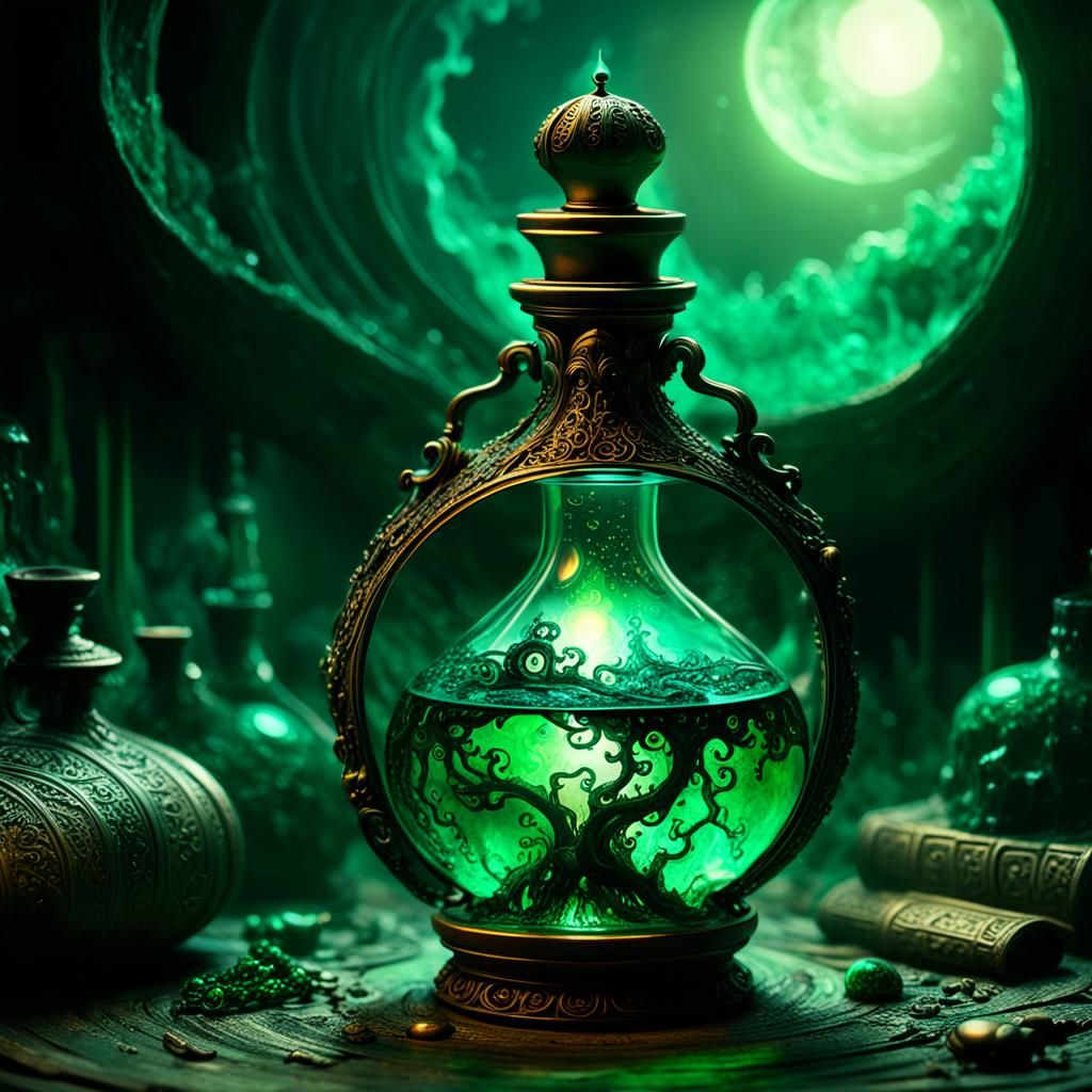 Mysterious, Ancient Potion in Macabre, Emerald Lighting