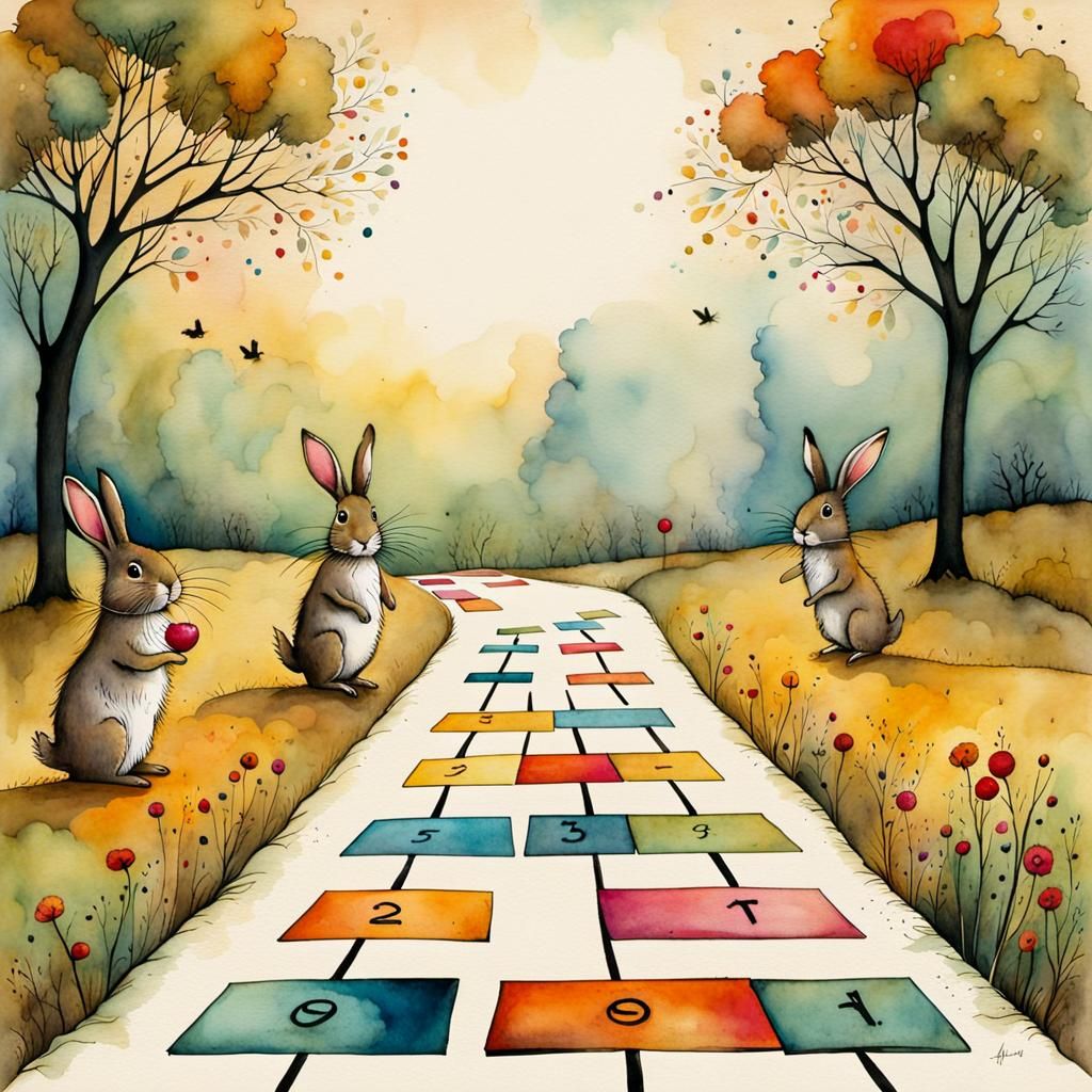 Cute Rabbits Leaping in Whimsical Watercolor Scene