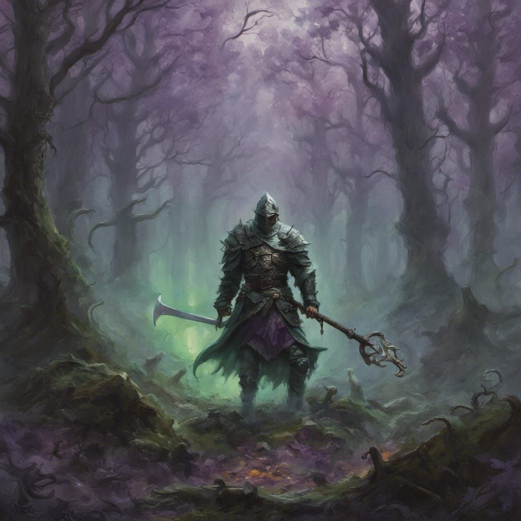 a dark forest covered in a purple tar, evil spirits floating...