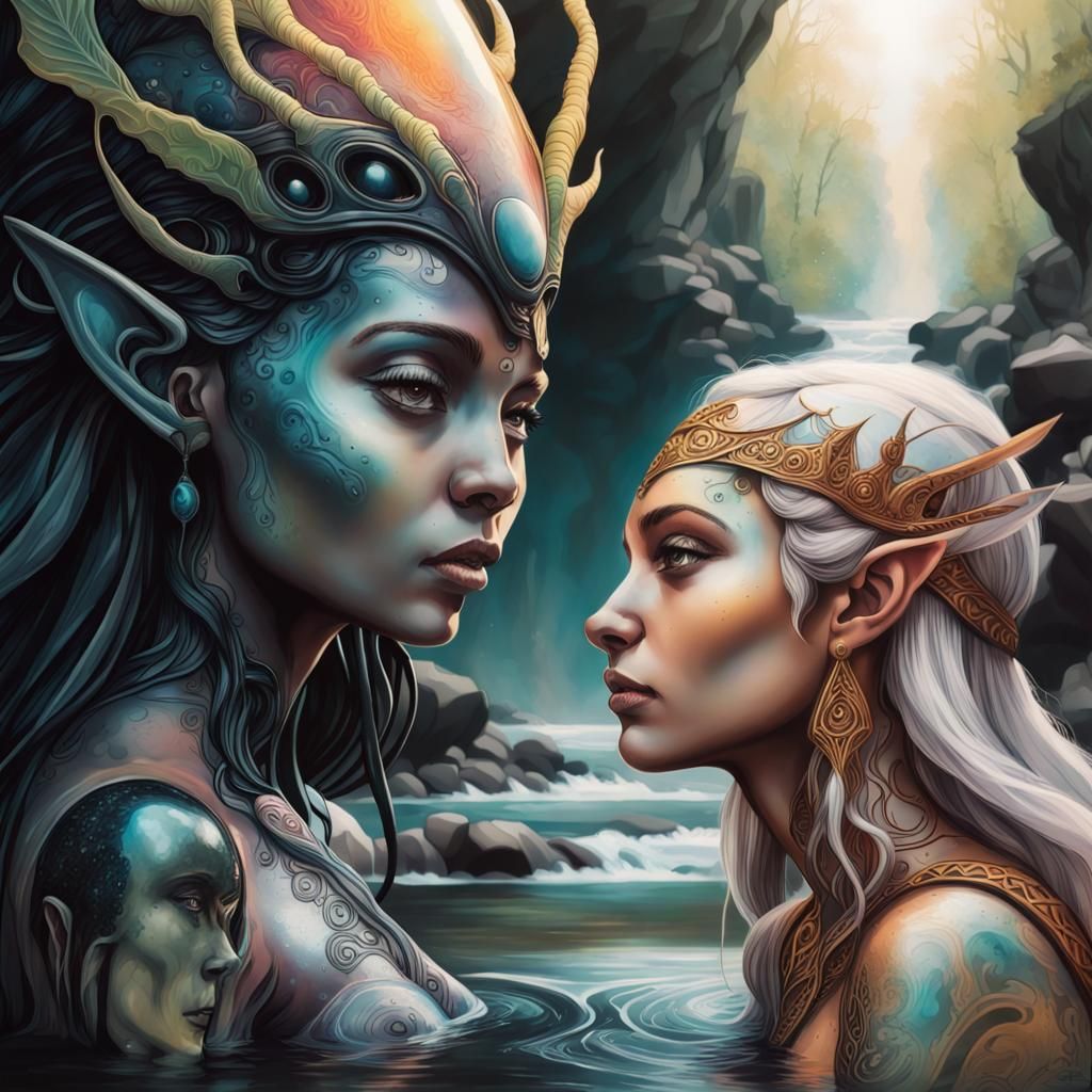 Alien Goddess Meets Ancient Elf in Scenic River Landscape