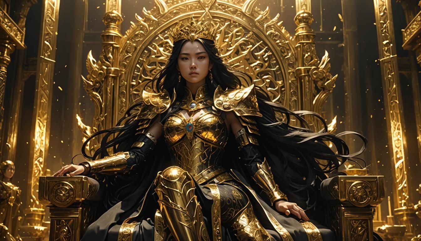Majestic Anime Queen in Golden Throne Room
