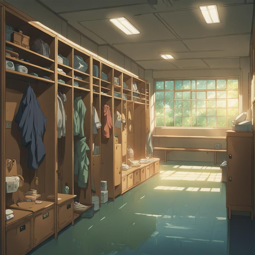 Surreal Anime Locker Room Scene in Vibrant Studio Ghibli Sty...