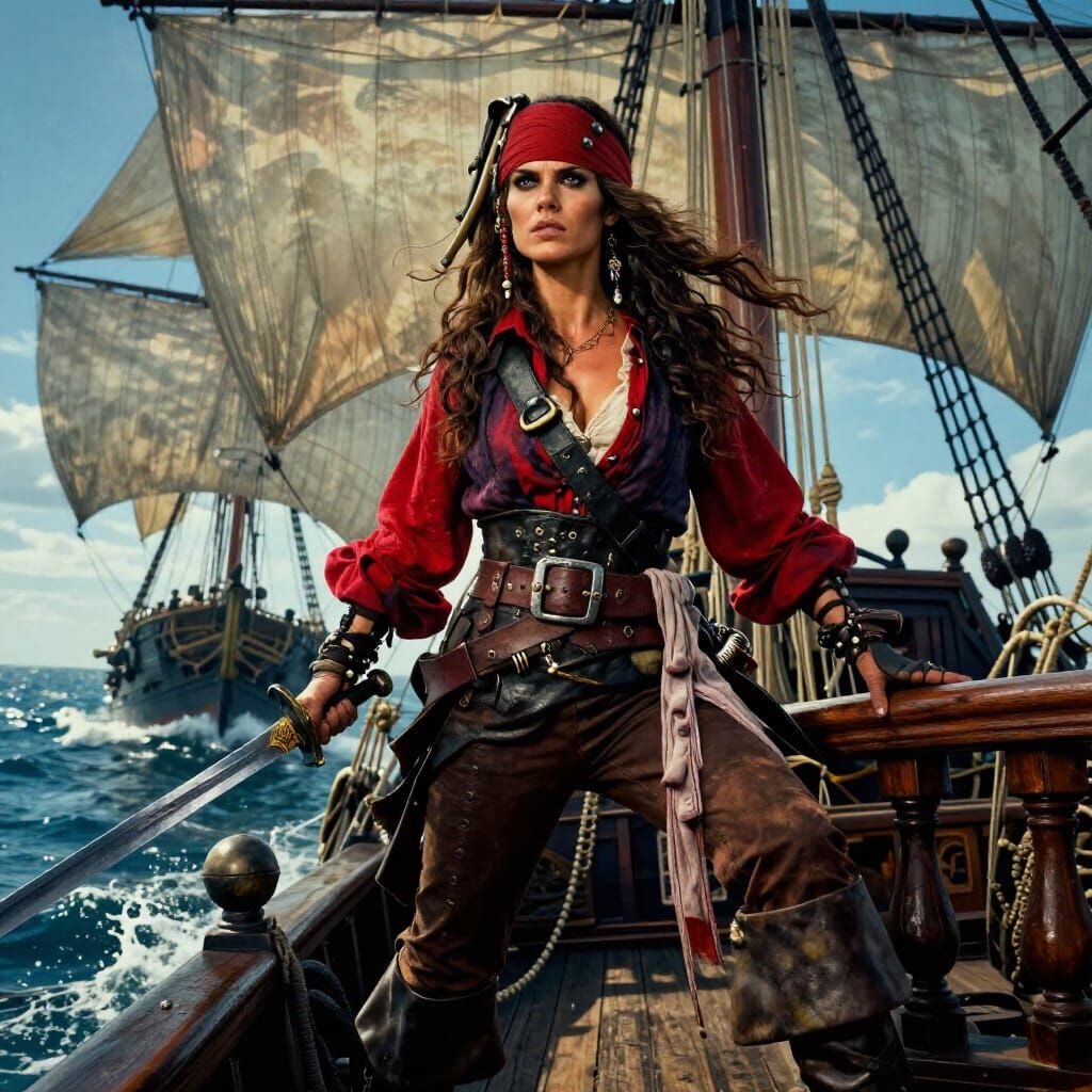 Fierce Pirate Captain on Ship Deck in Epic Fantasy Style