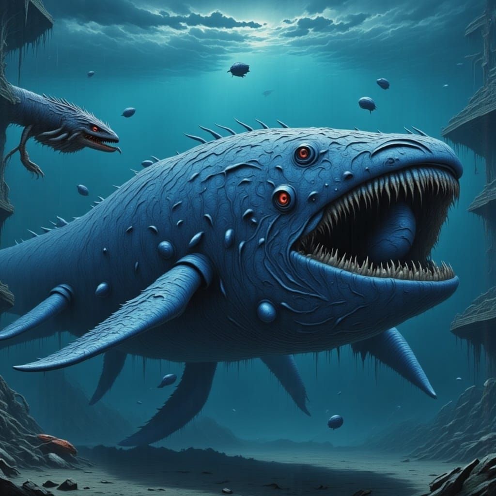 Blue Whale Battles Giant Crab in Vibrant, Dreamlike Art