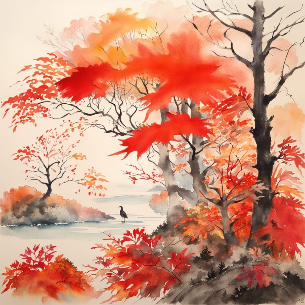 Majestic Autumn Scene in Vibrant Watercolors