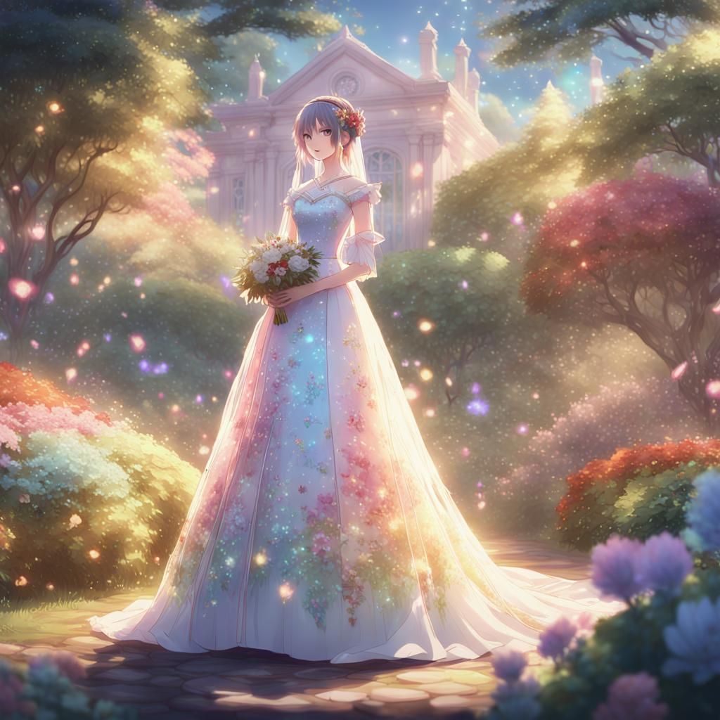 Anime-Inspired Bride in Serene Garden Wears Vibrant Rainbow...
