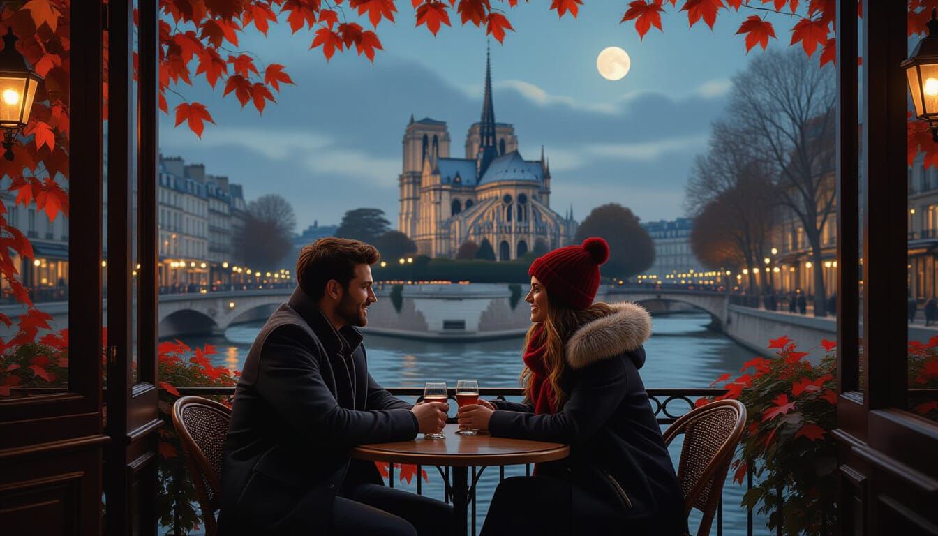 Romantic Evening at Parisian Cafe, Autumn Scene