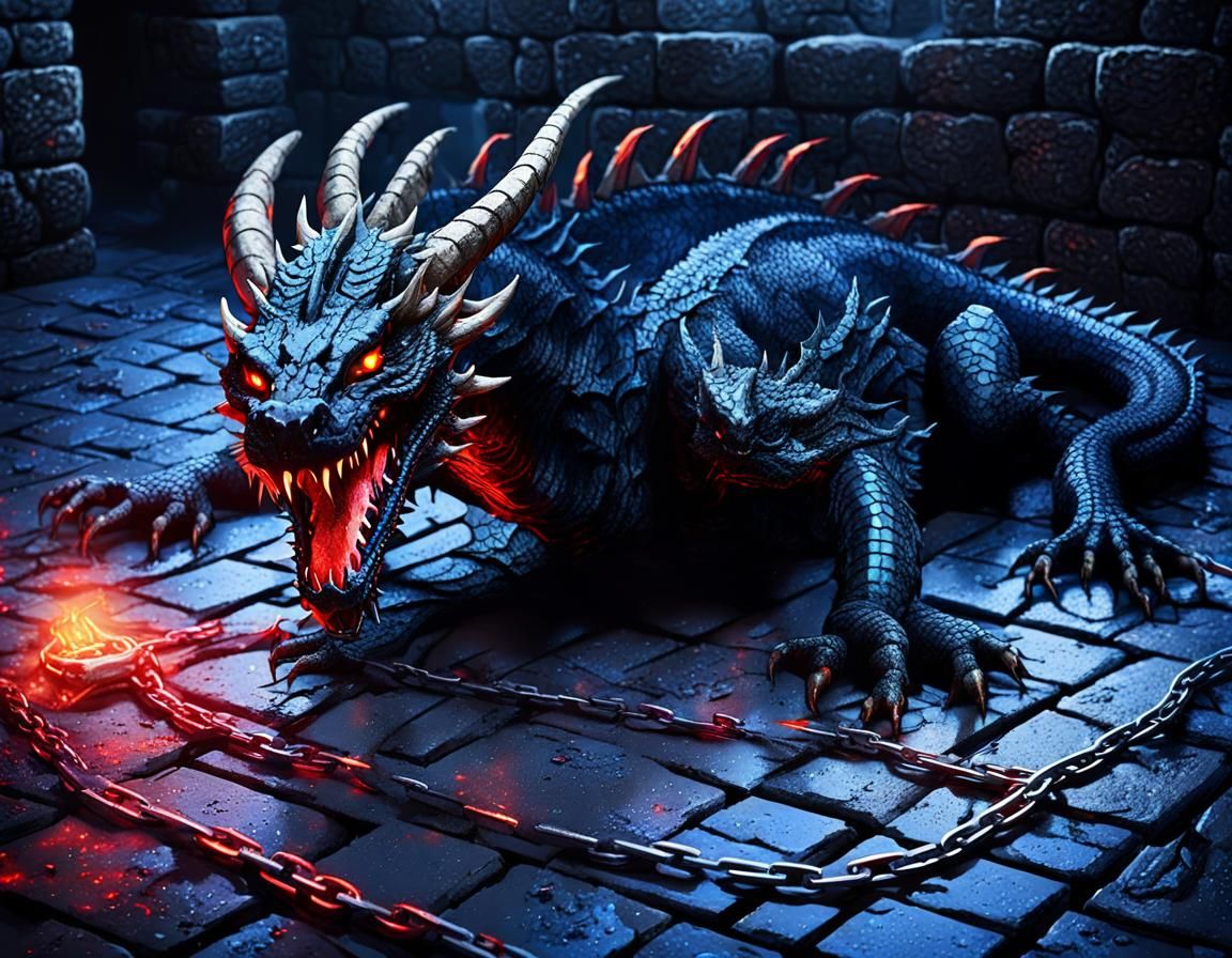 Defeated Dark Fantasy Dragon in Dark Stone Cell