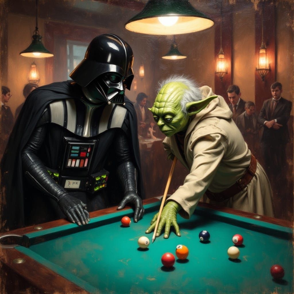 Yoda and Darth Vader Play Pool in Hyperrealistic Oil Paintin...