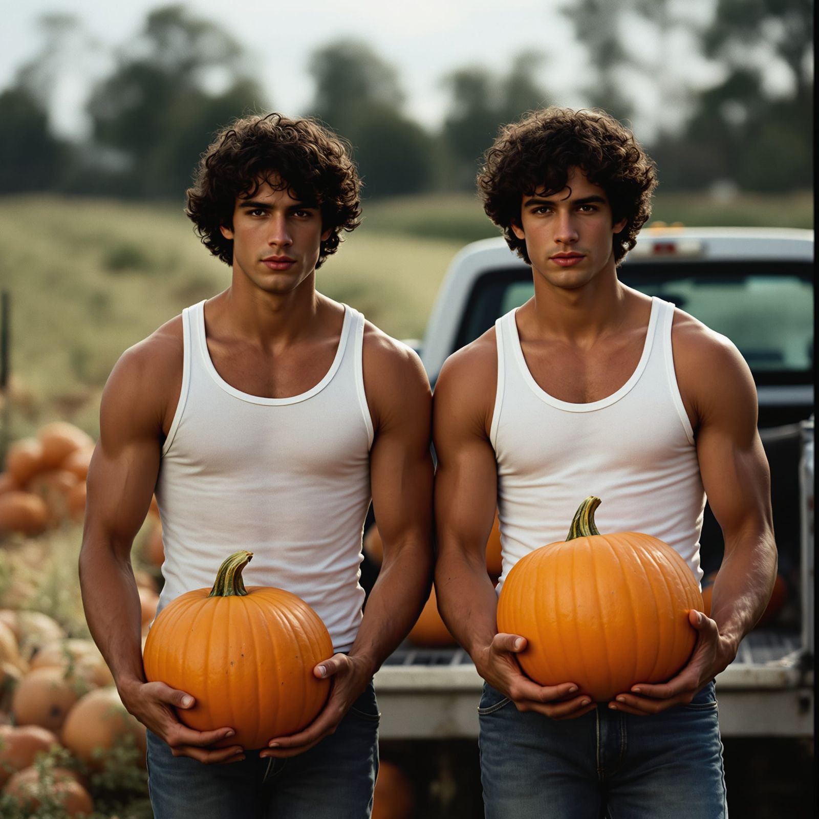 Twin Italian Men Carrying Pumpkins on Farm