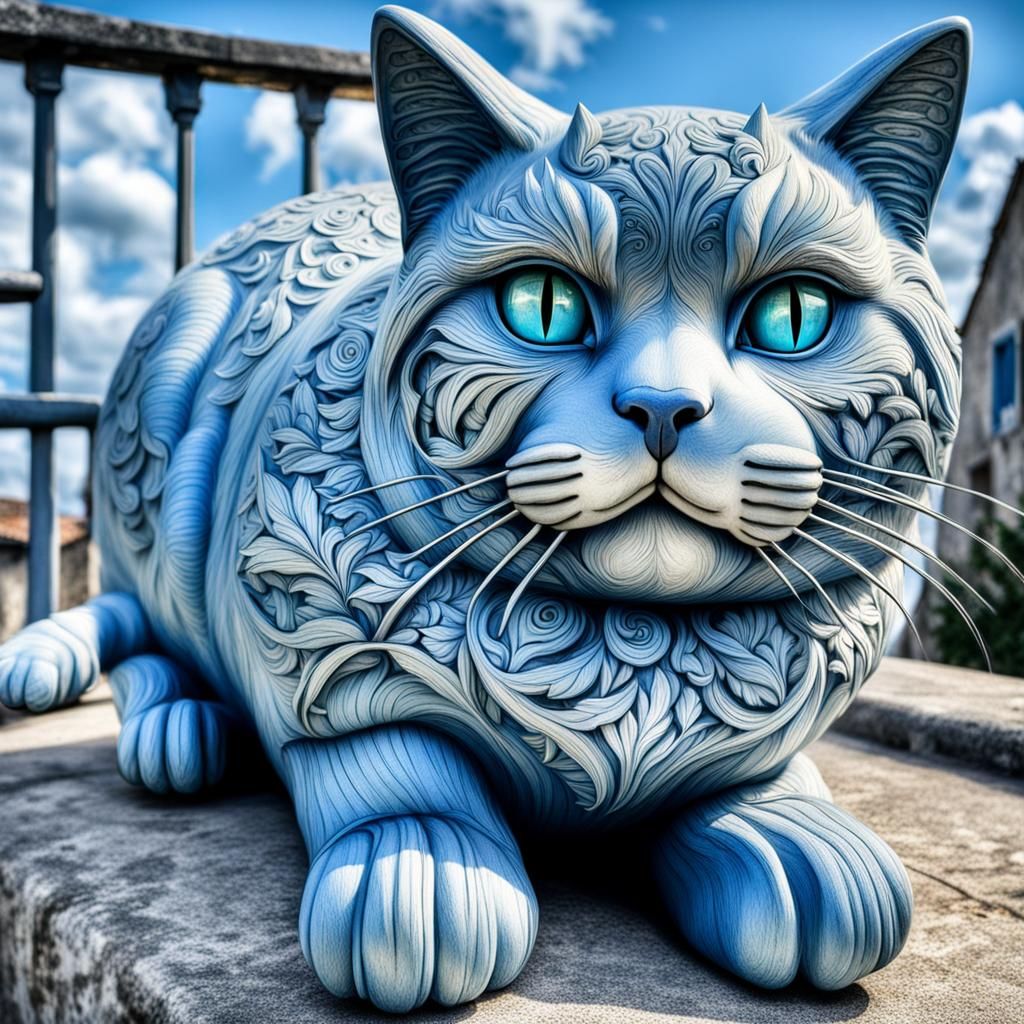 Surrealistic Portrait of a Light Blue Feline in a Foreign La...