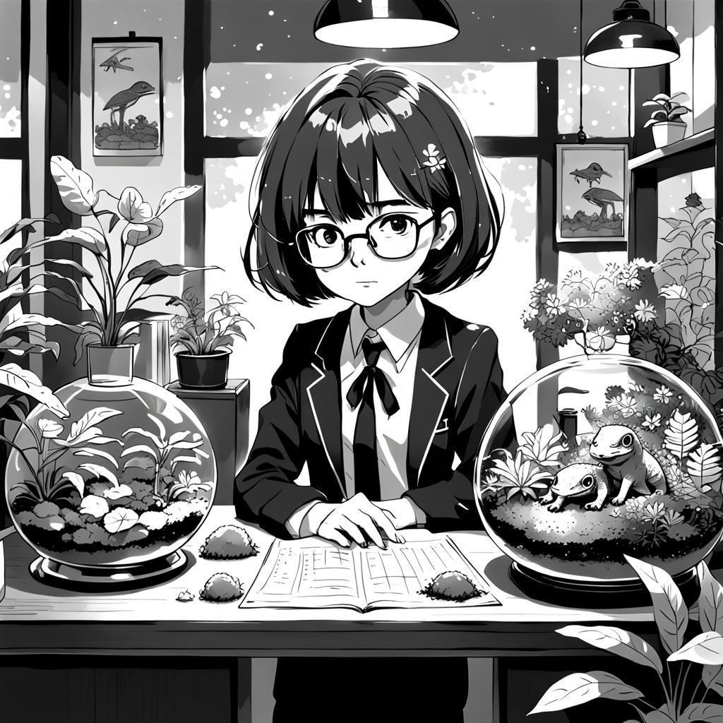 Japanese Office Woman Contemplates Terrarium in 80s Anime St...