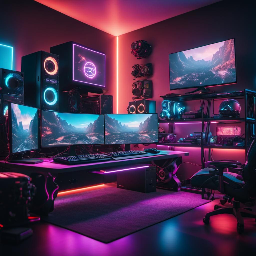 Hypermaximalist Gaming PC Scene with Cinematic Lighting
