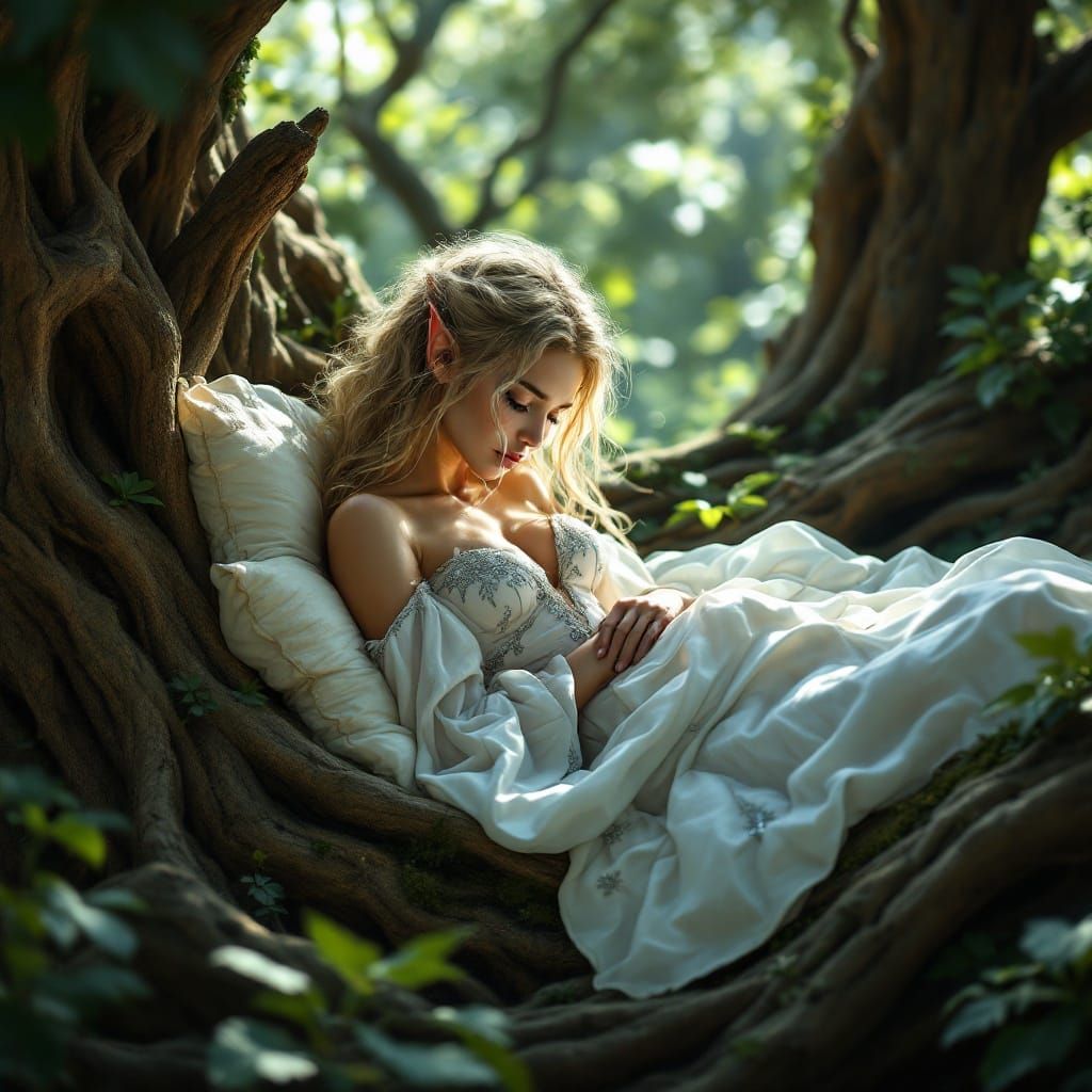 Serene Fantasy Elf in Cozy Leaf Bed