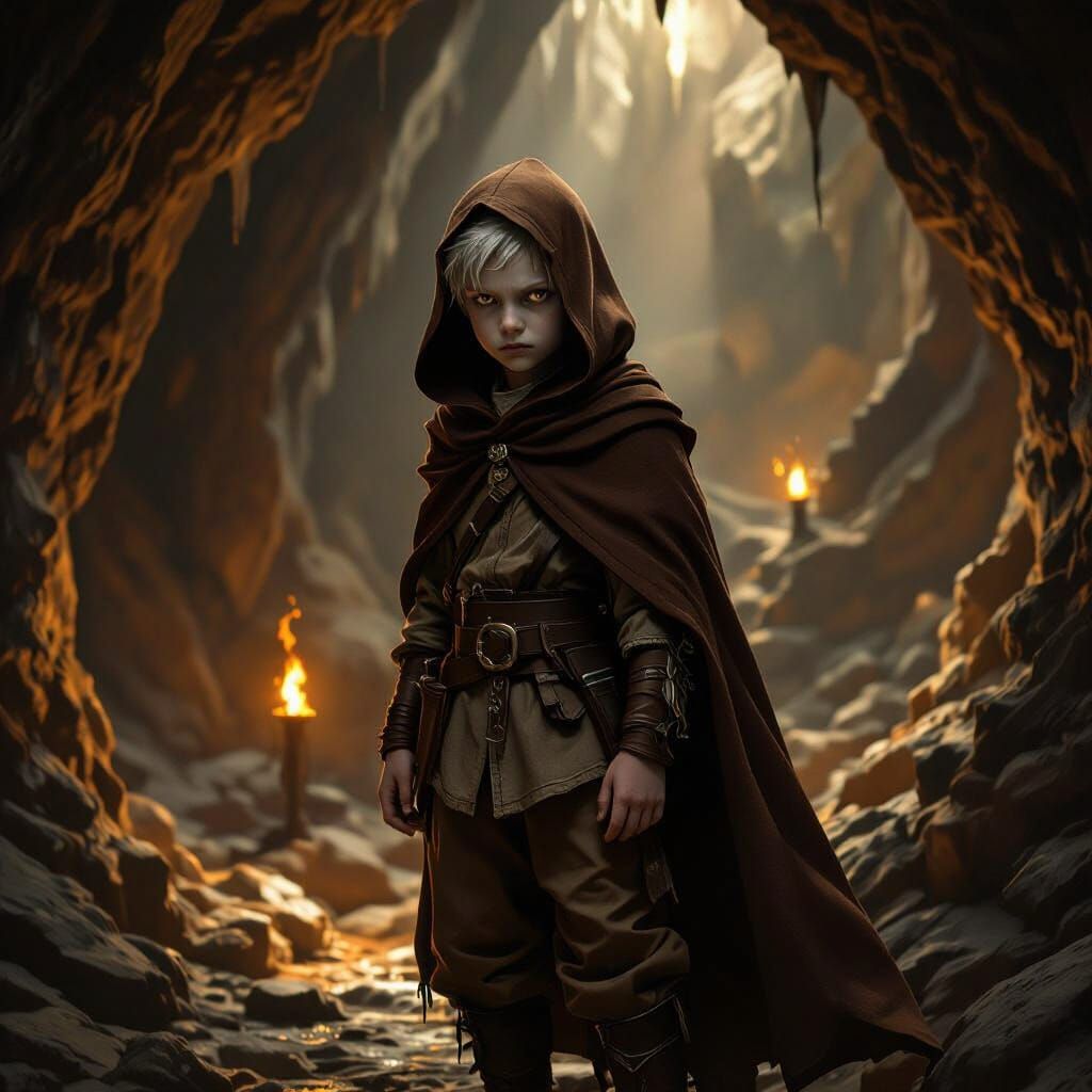 Albino Drow Boy in Cavern: Oil Painting