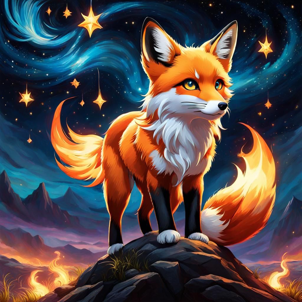 <lora:Dusk3:1.0> <lora:Macabre:1.0> an adorable    kitsune flame fox,  pokemon, dark starry night, gorgeous eyes, fantas...