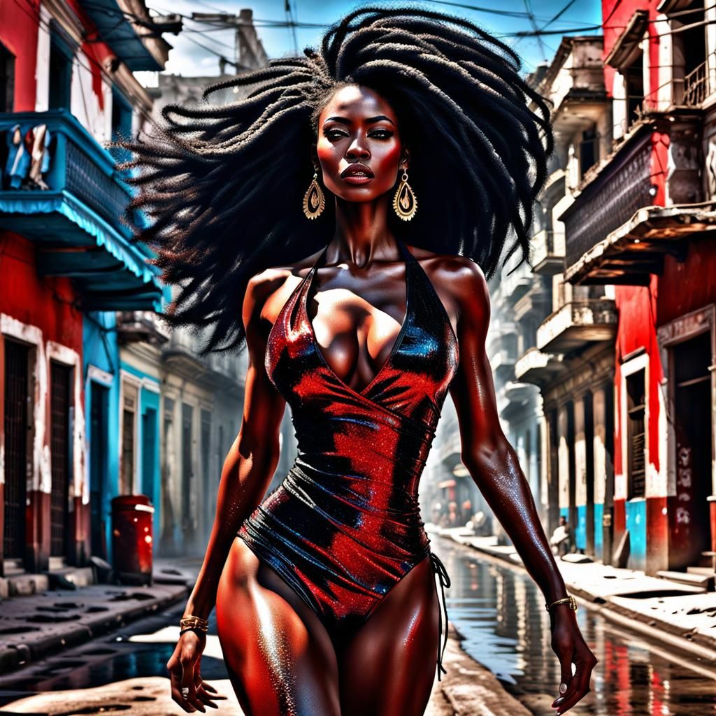 Elegant Cuban Woman Walks Down the Street with Impressive Af...